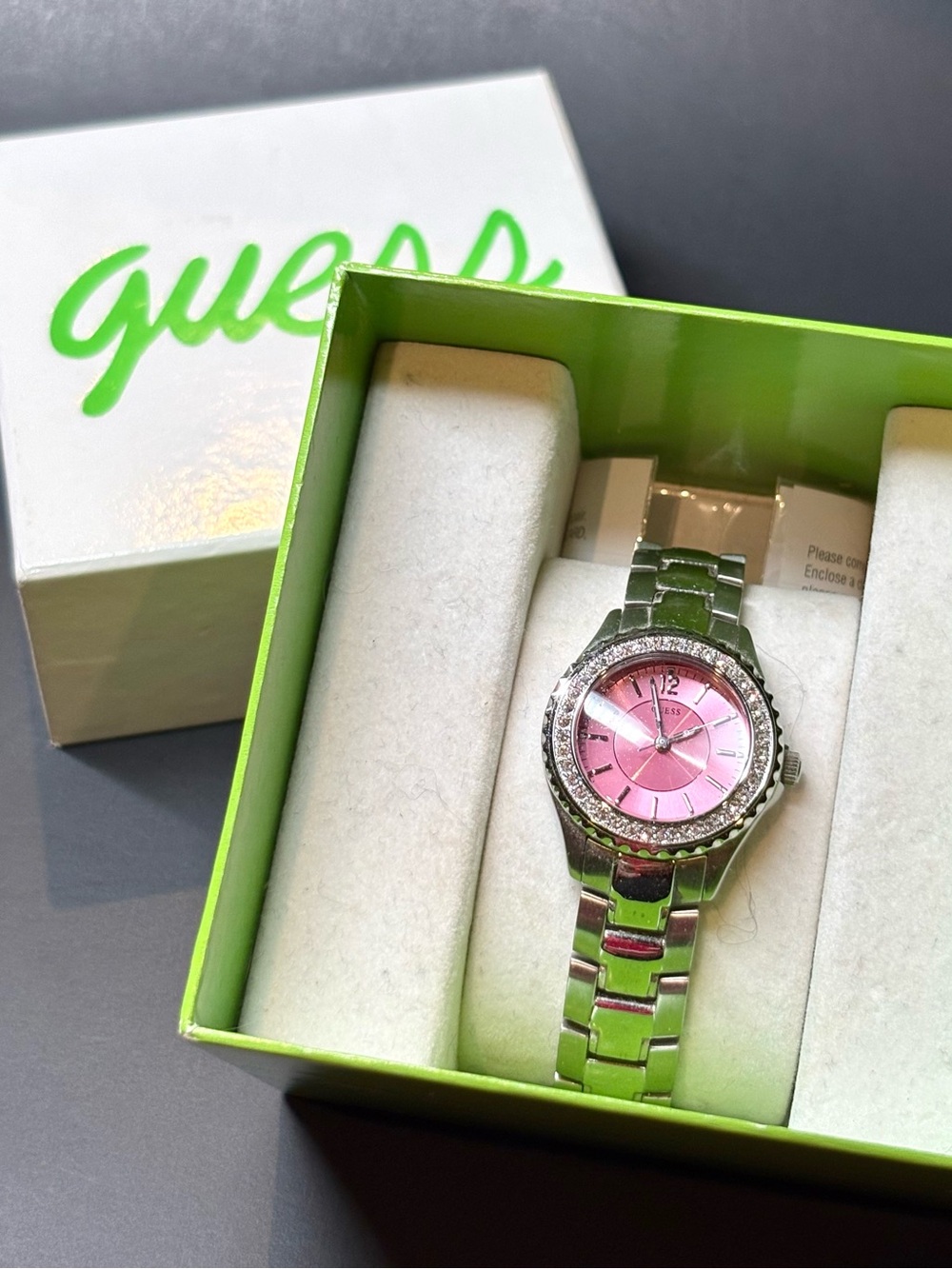 Guess Silver-Tone Watch with Pink Dial and Crystal Bezel